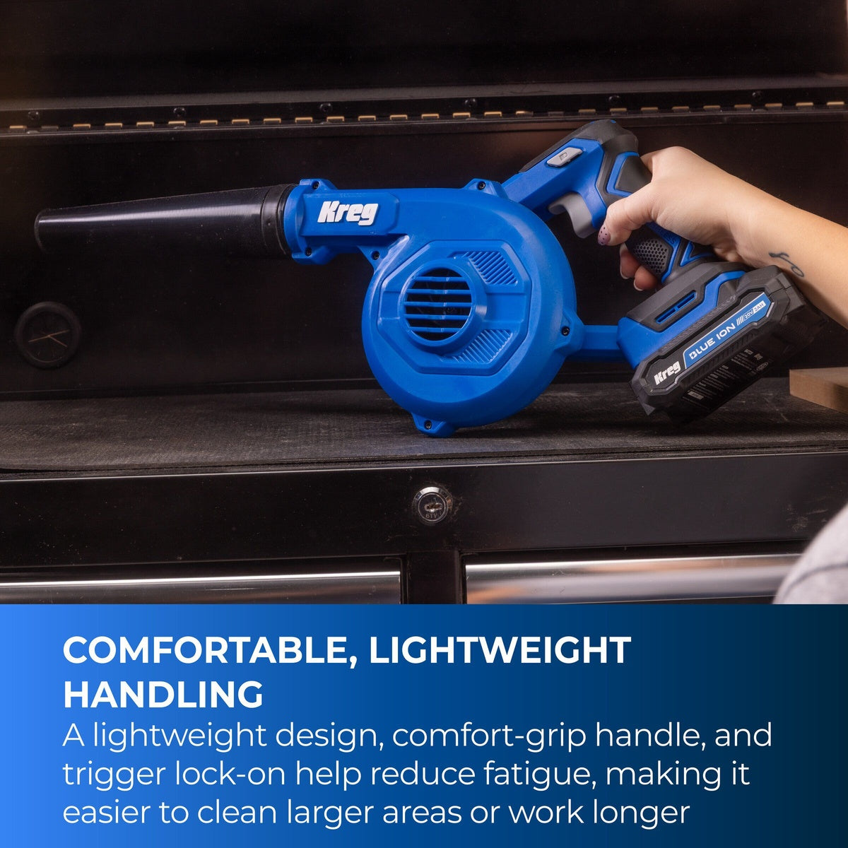 Kreg 20V Cordless 200 MPH Shop Blower Tool Only with Nozzles (KPTCB100B) w/ (1) 20V Blue Ion 2.0Ah Battery and Charger