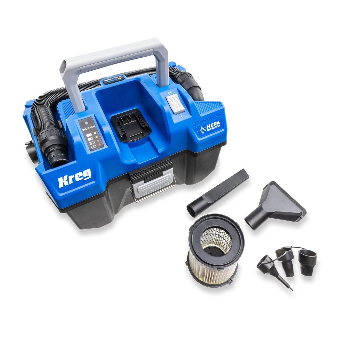 Kreg 20V Ionic Drive Wet/Dry Vac with HEPA (Tool Only) with hose, filter, crevice tool, utility nozzle, and inflator nozzles for shop and garage cleanup