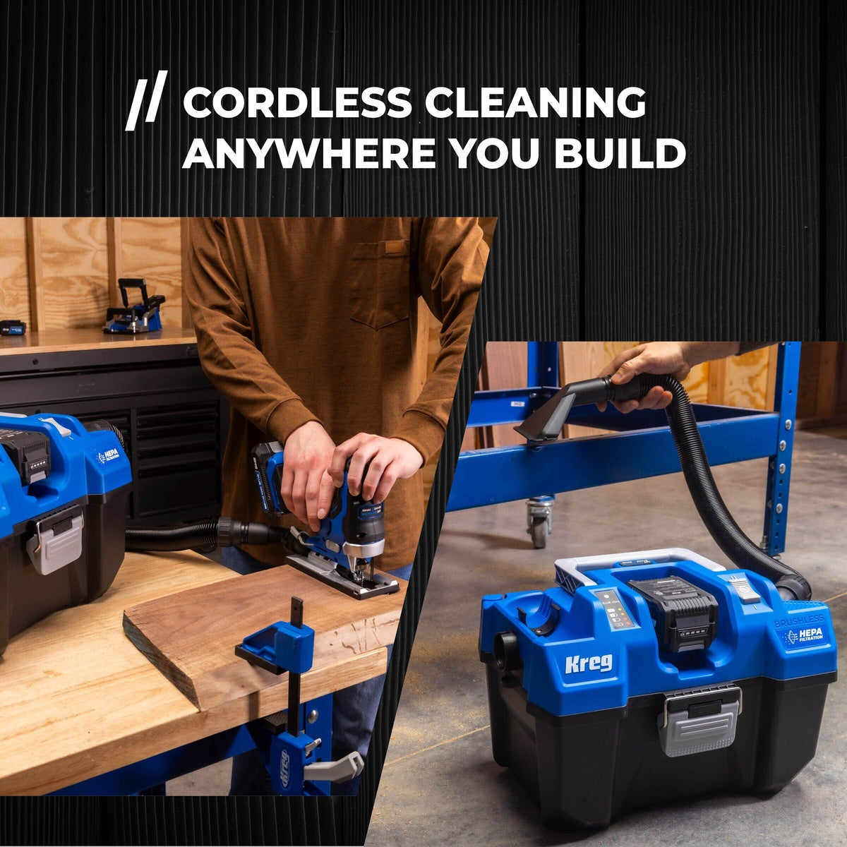 Kreg 20V Ionic Drive Wet/Dry Vac with HEPA (Tool Only) connected to a woodworking tool for dust collection during bench work in a shop
