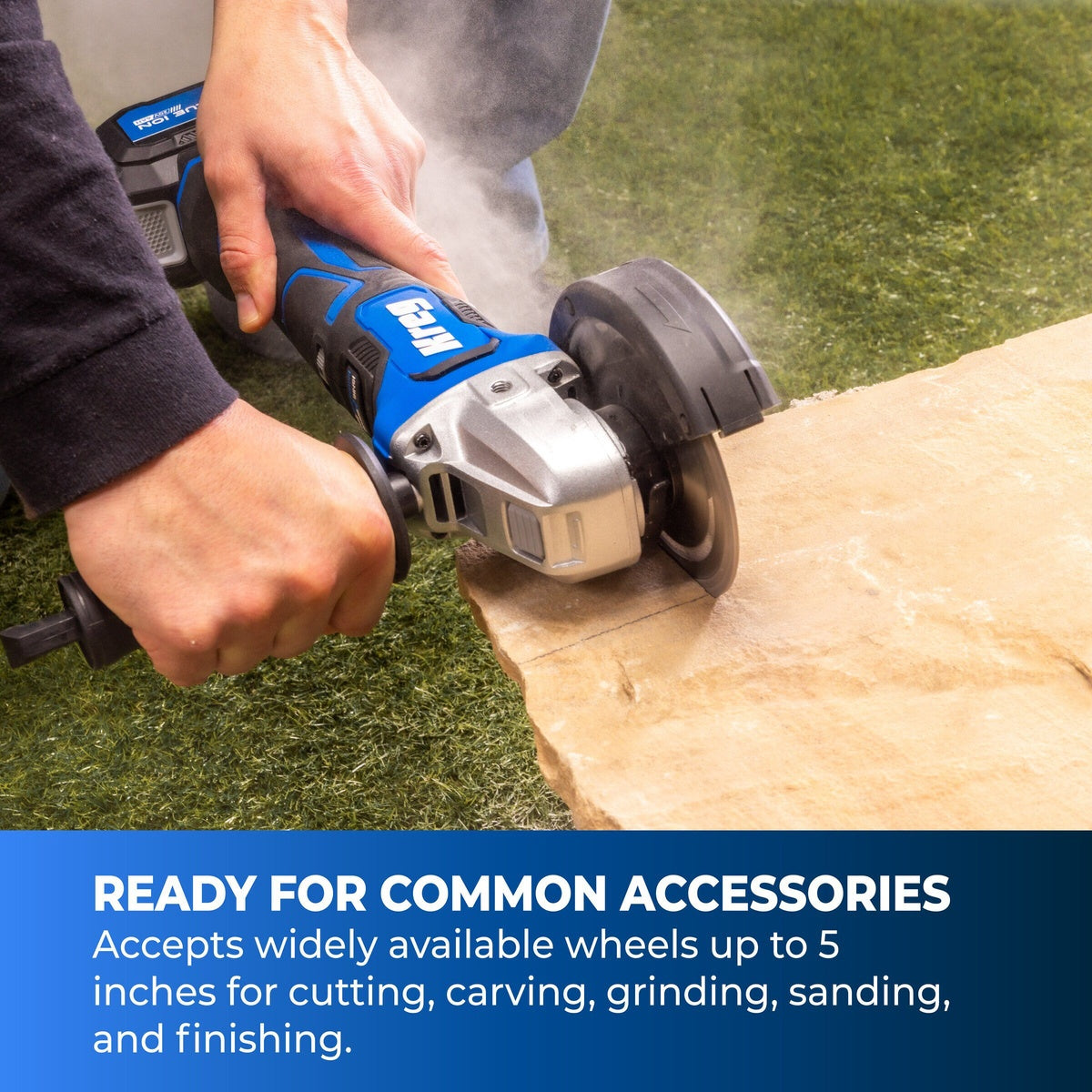Kreg 20V Ionic Drive 4 1/2-inch to 5-inch angle grinder cutting stone with a 5-inch wheel in outdoor jobsite use