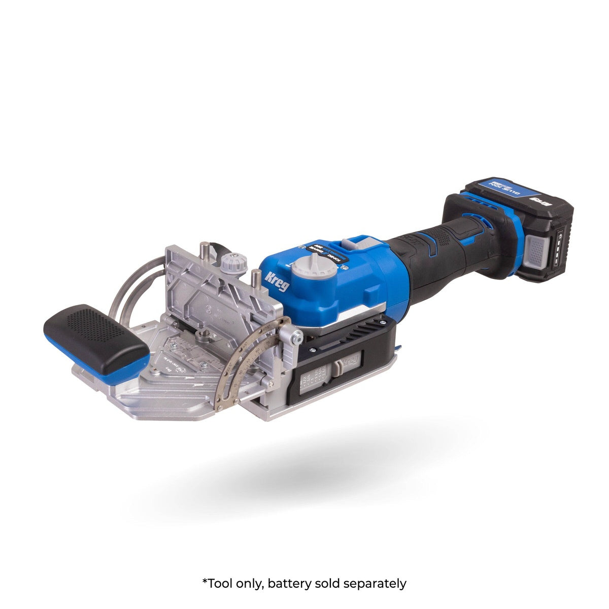 Kreg Edge 20V Ionic Drive Loose Tenon Joiner angled view with battery interface, fence, and stability base for cabinet and panel joinery work