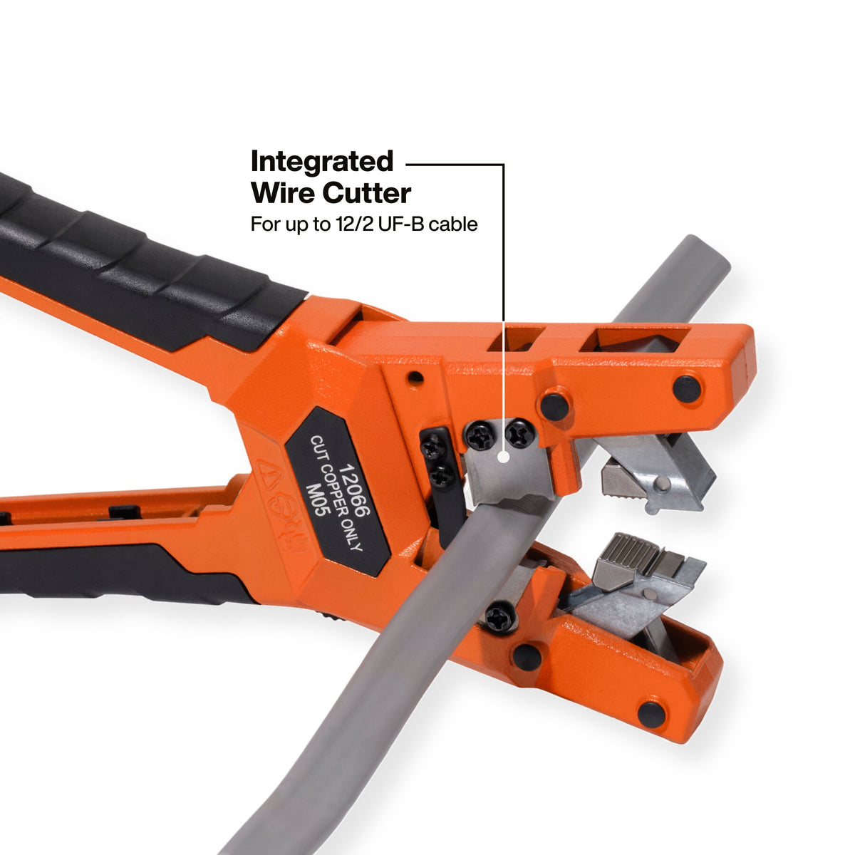 Klein Tools 12066 pass-through wire stripper feeding wire through the tool for long strip lengths