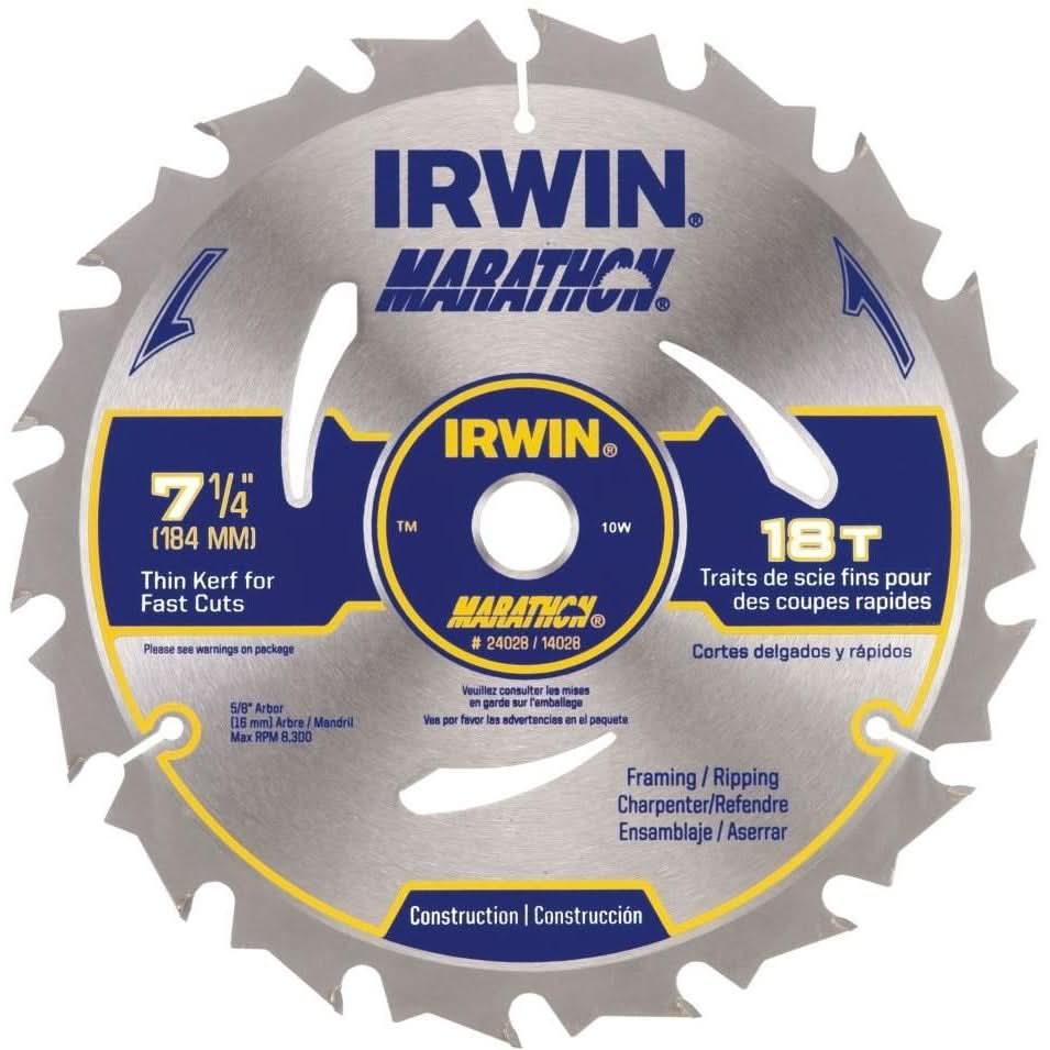 Irwin 14028 Marathon Portable Corded Carbide Circular Saw Blade 7-1/4-in. 18-Tooth ATB