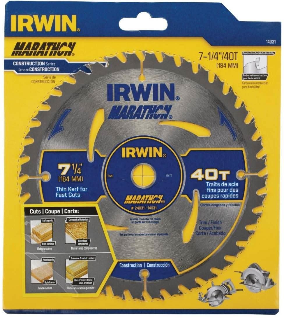 Irwin 14031 Marathon Portable Corded Carbide Circular Saw Blade 7-1/4-in. 40-Tooth ATB