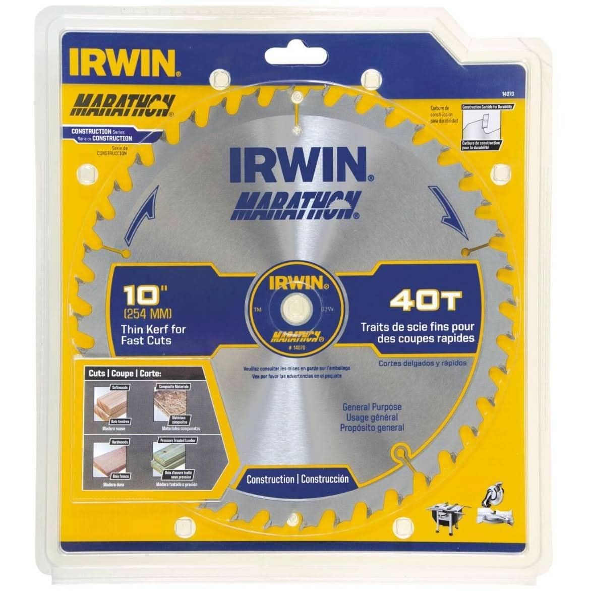 Irwin 14070 MARATHON Portable Corded Carbide Saw Blade 7-1/4-in. 40-Tooth 5/8-in. Diamond Arbor