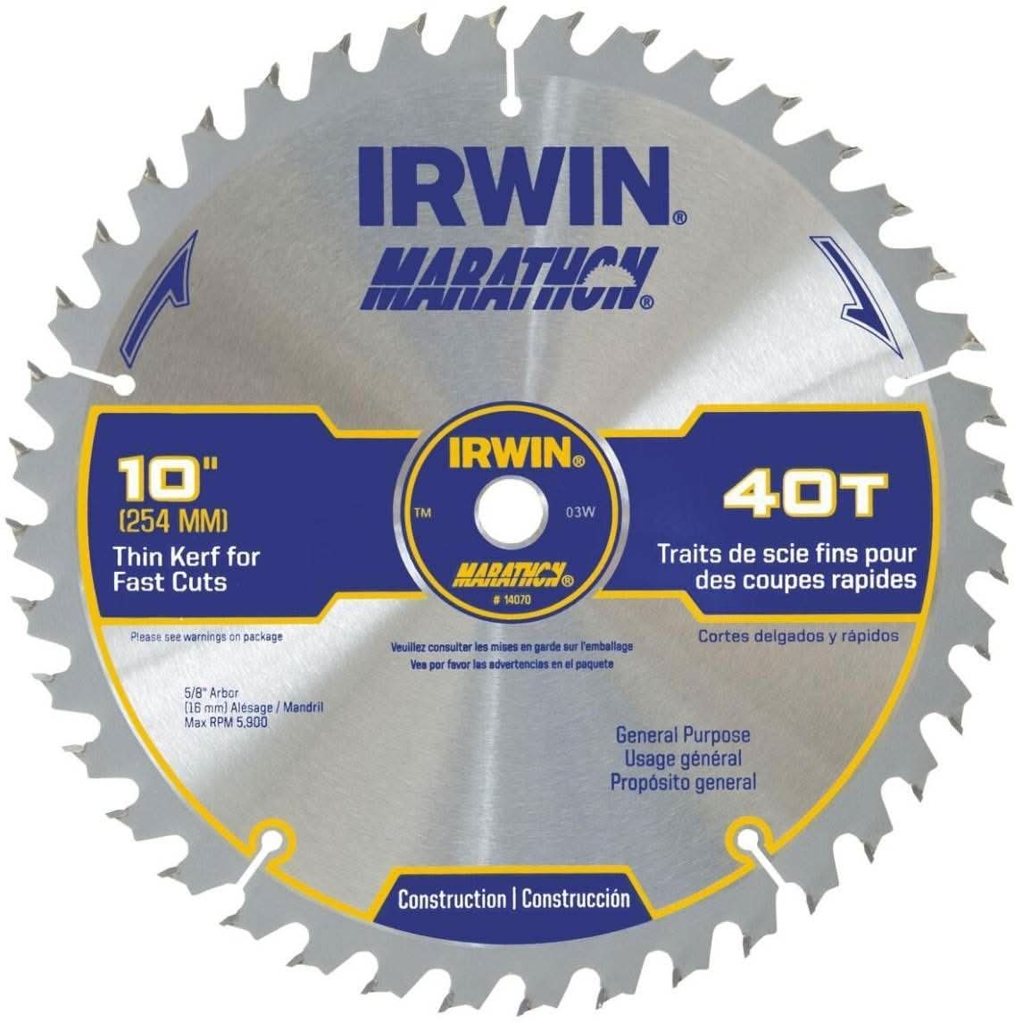 Irwin 14070 MARATHON Portable Corded Carbide Saw Blade 7-1/4-in. 40-Tooth 5/8-in. Diamond Arbor