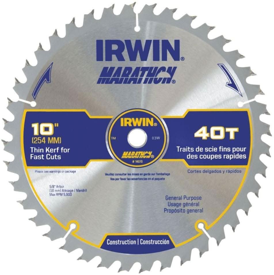 Irwin 14070 MARATHON Portable Corded Carbide Saw Blade 7-1/4-in. 40-Tooth 5/8-in. Diamond Arbor