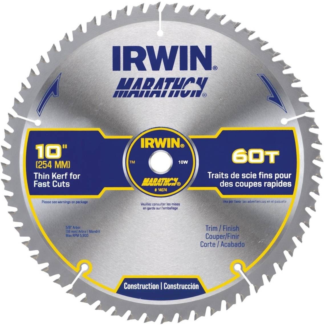 Irwin 14074 MARATHON Miter/Table Carbide Saw Blade 10-in. 60-Tooth 5/8-in. Diamond Arbor