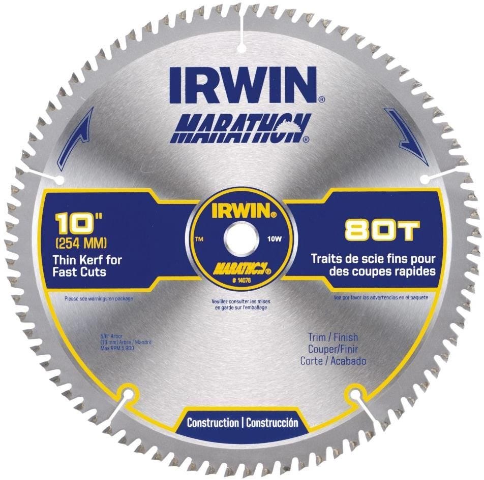 Irwin 14076 MARATHON Miter/Table Carbide Saw Blade 10-in. 80-Tooth 5/8-in. Diamond Arbor