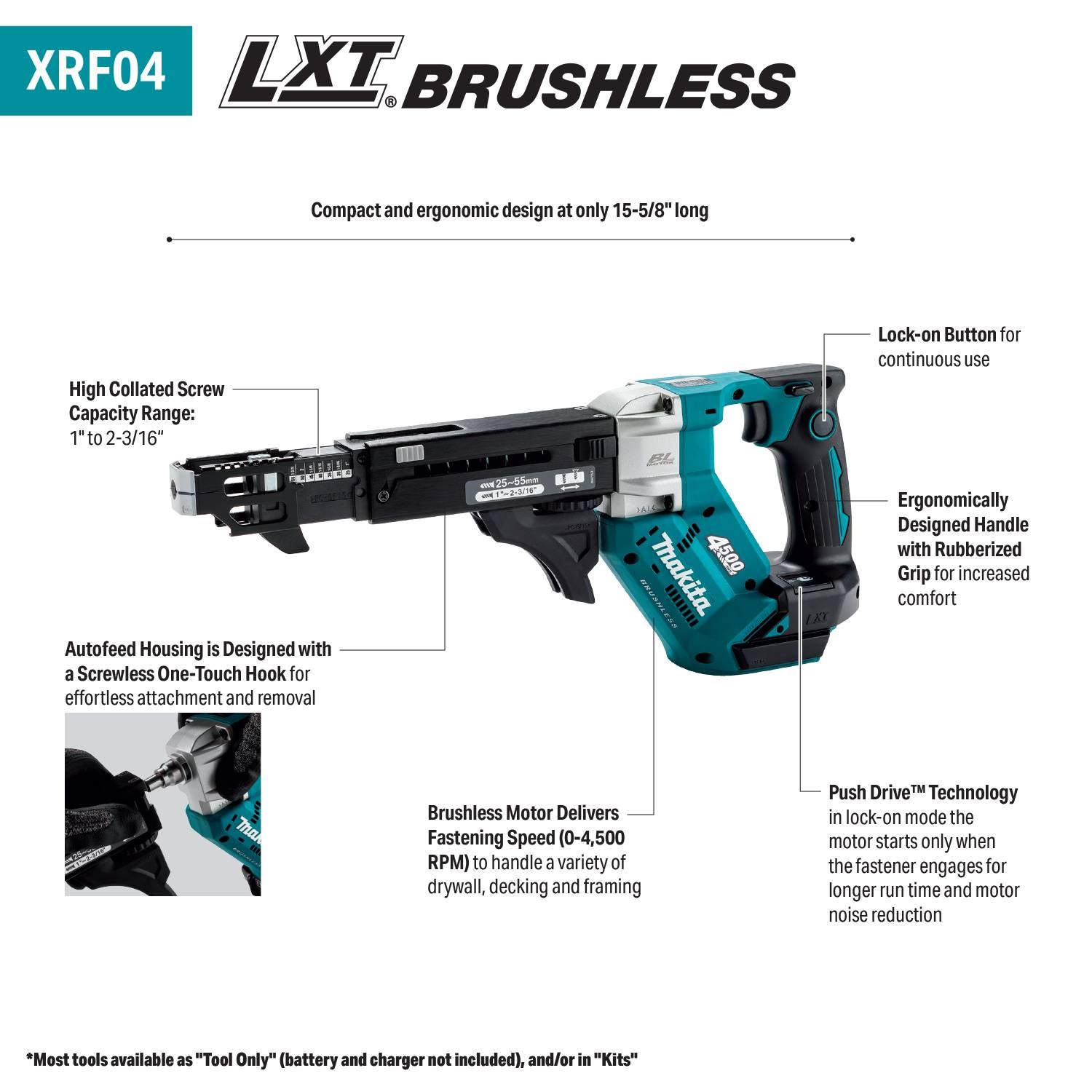 Makita XRF04Z 18V LXT Brushless Cordless 4,500 RPM Autofeed Screwdriver, Tool Only