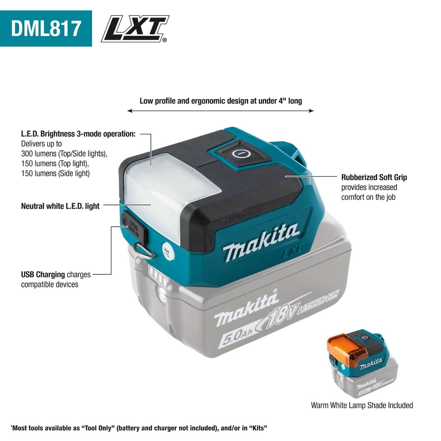 Makita DML817 Compact 18V LXT 300-Lumen LED Flashlight, Tool Only