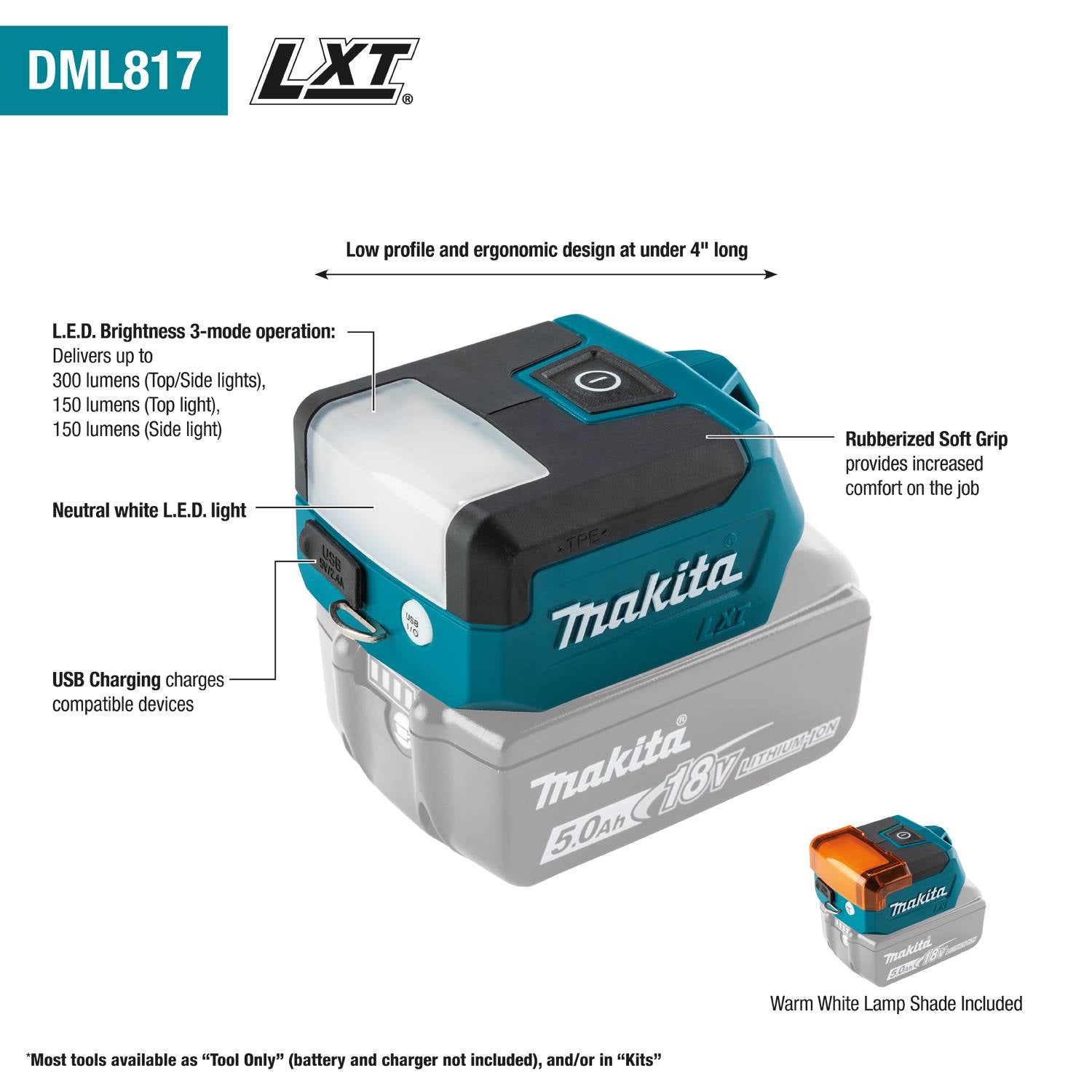 Makita DML817 Compact 18V LXT 300-Lumen LED Flashlight, Tool Only
