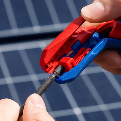 Knipex 16 95 03 SB ErgoStrip PV Wire Stripper - in use, included in 4 Pc Solar Tool Set