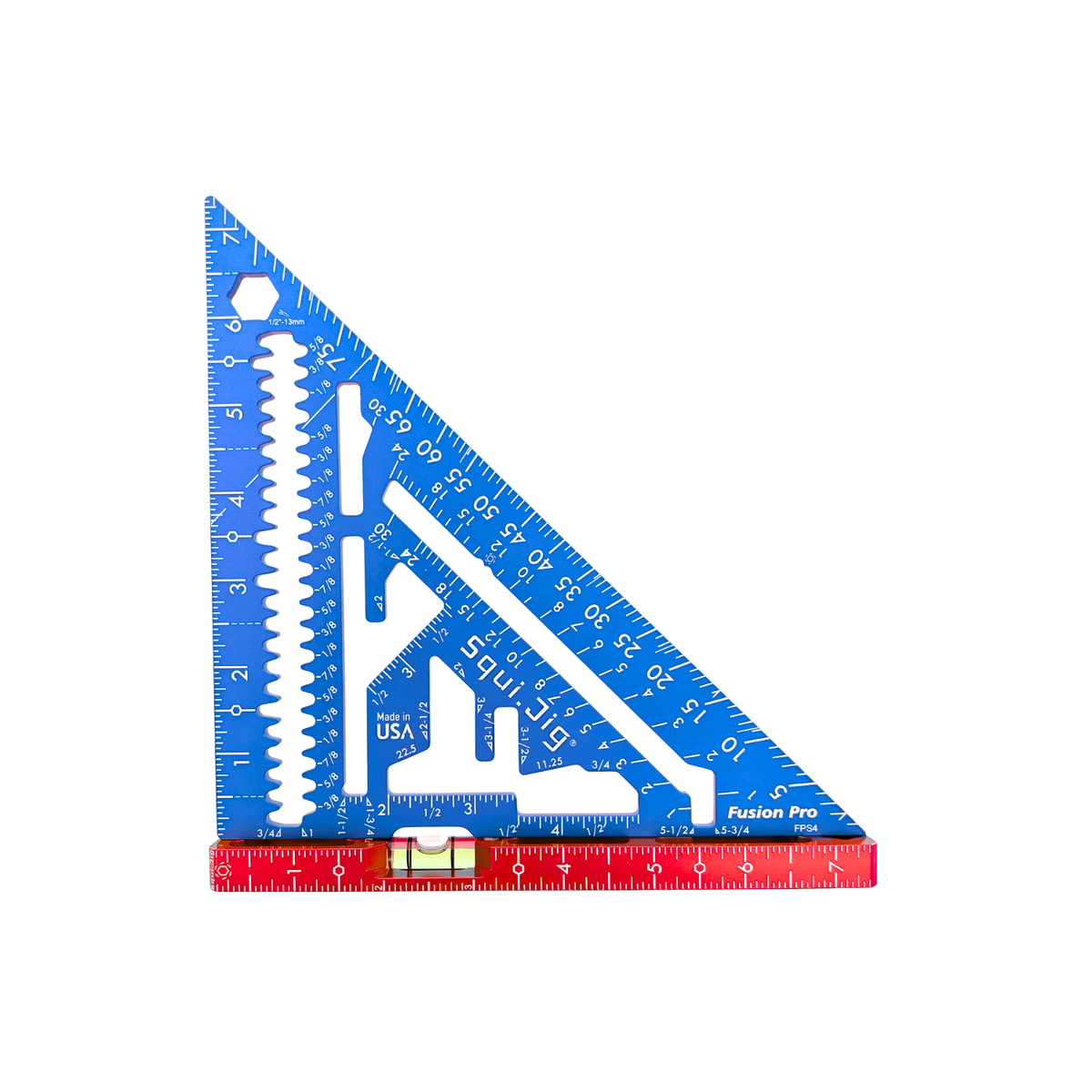 SquiJig Fusion Pro 7.5-in. Rafter Square w/ Level Heel, Red, White & Blue on a white background