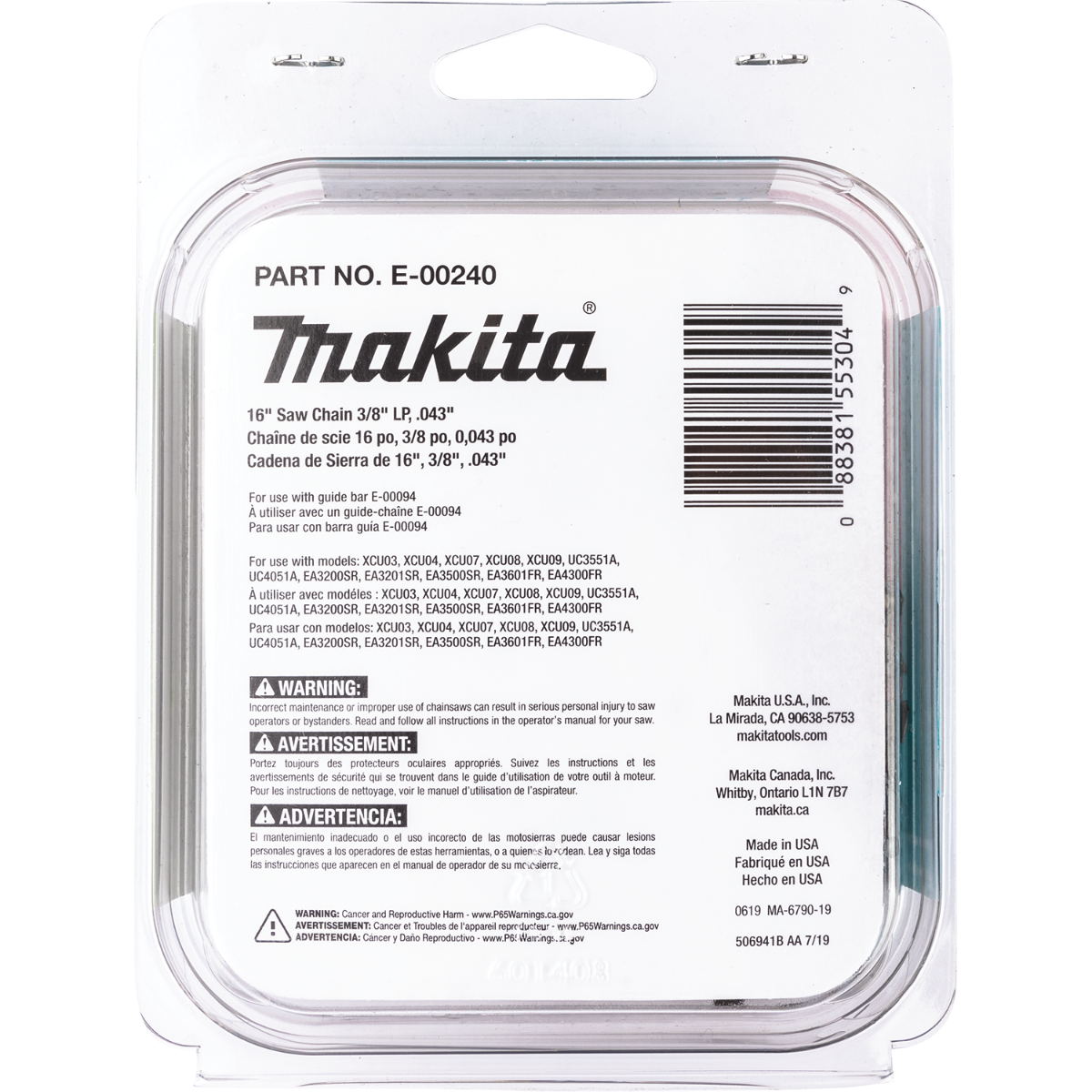 Makita E-00240 16" Saw Chain, 3/8" LP, .043", 56, Low Kickback