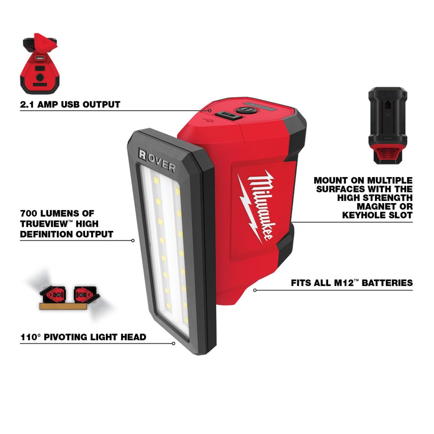 Milwaukee 2367-20 M12 ROVER 700-Lumen Flood Light with USB Charging and 2.0Ah Battery