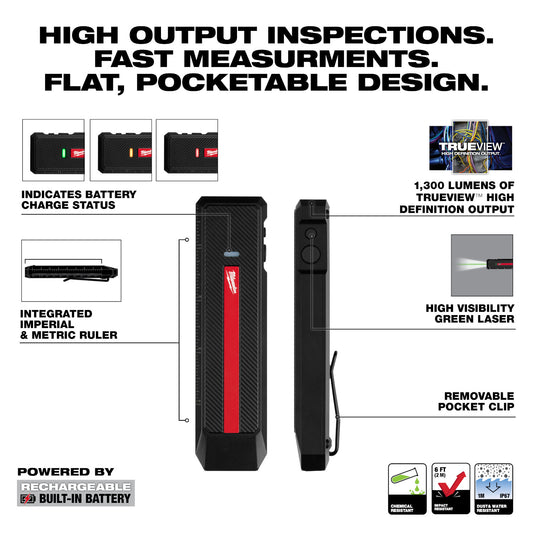 Milwaukee 2016R Milwaukee Rechargeable 1300-Lumen Flat Flashlight w/ Green Laser