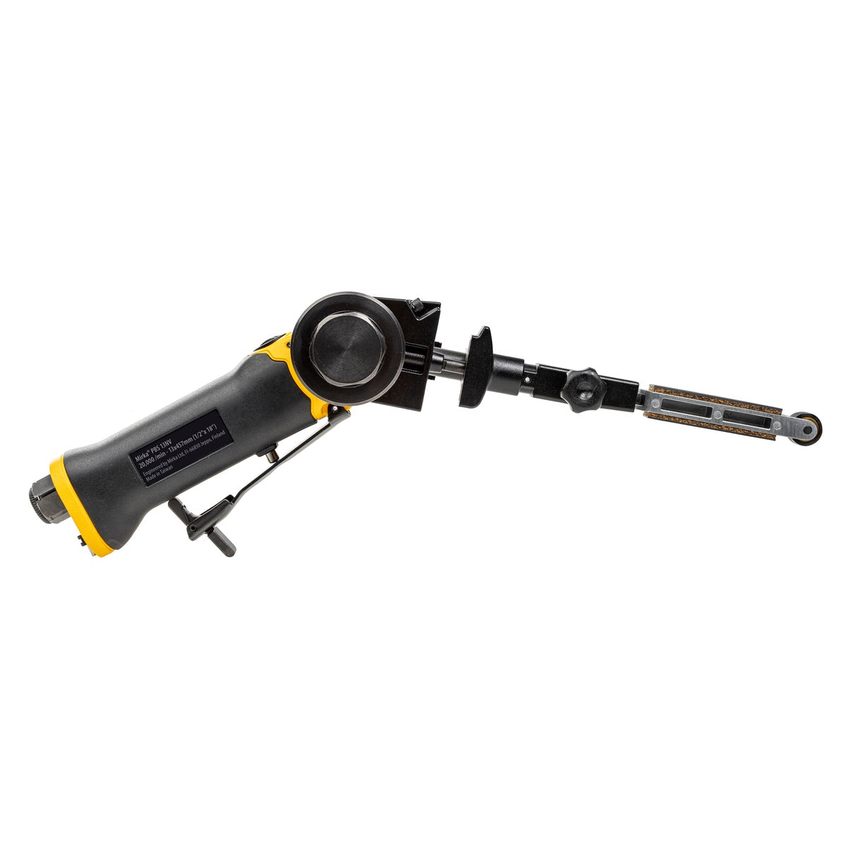 Side view of Mirka PBS-13457 non-vac pneumatic belt sander on white background