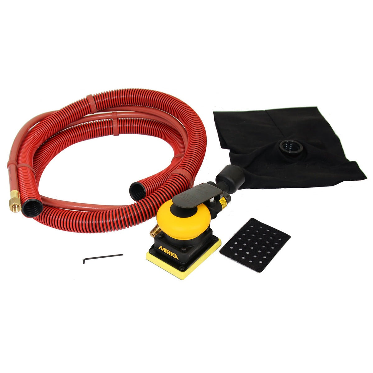 Mirka MR-34DB 3-in. x 4-in. pneumatic orbital sander with dust bag, hose, pad, and hex key