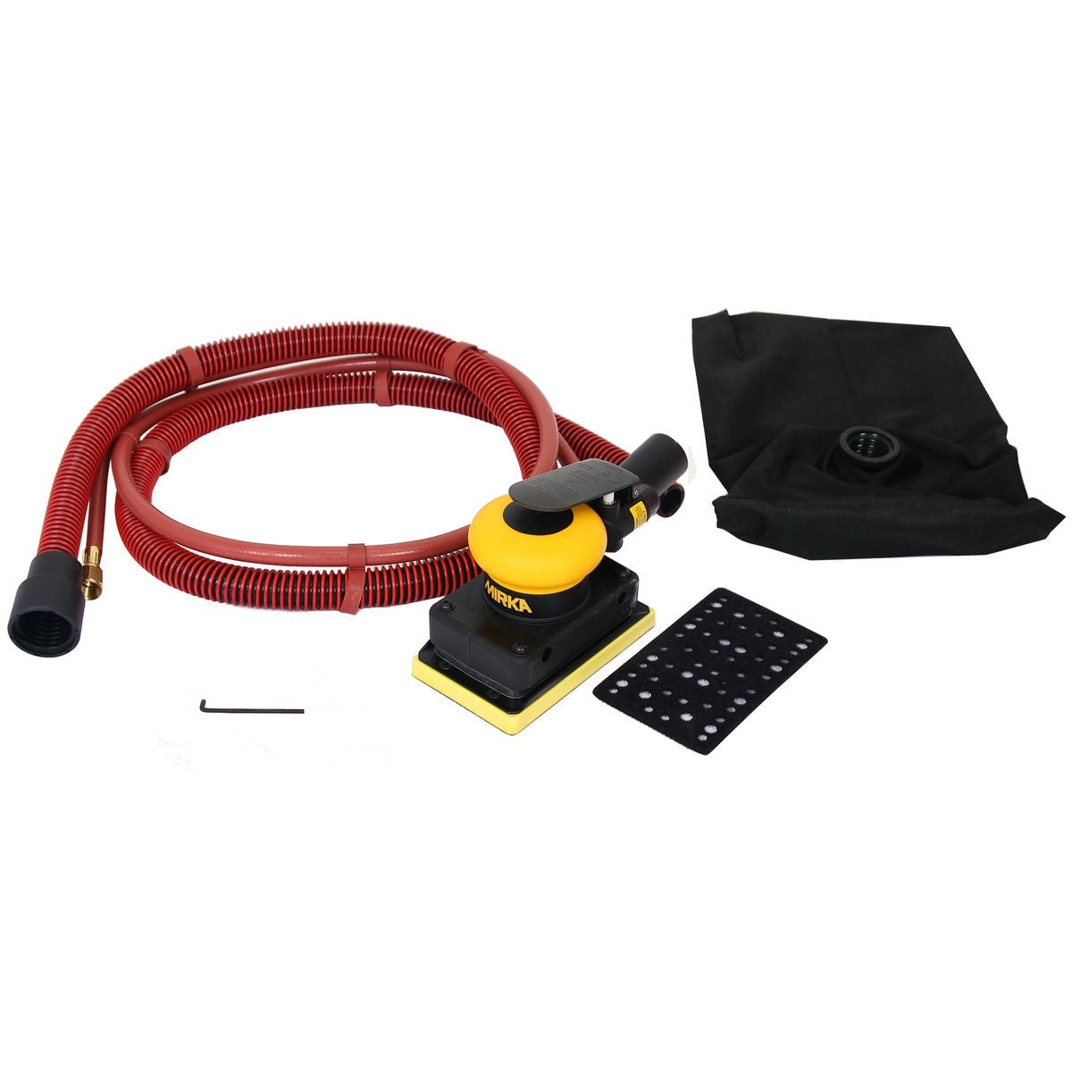 Mirka MR-35SGV 3-in. x 5-in. pneumatic orbital sander kit with hose, dust bag, sanding pad, and hex key