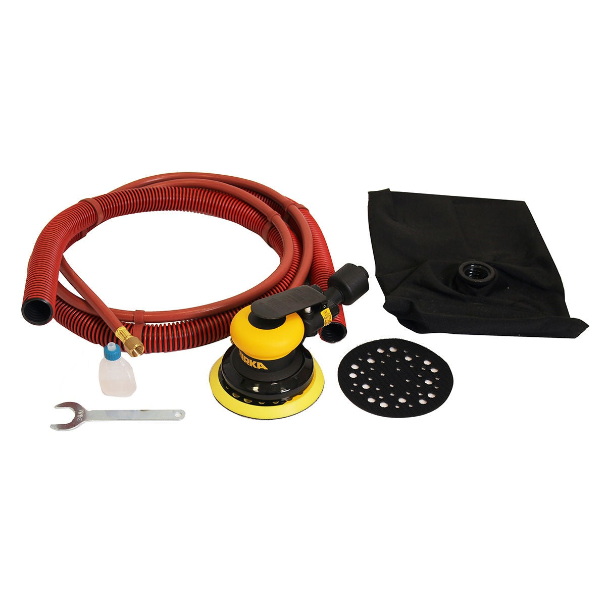 Mirka 5-in. SGV 8mm orbit pneumatic sander kit with hose, dust bag, wrench, and pad