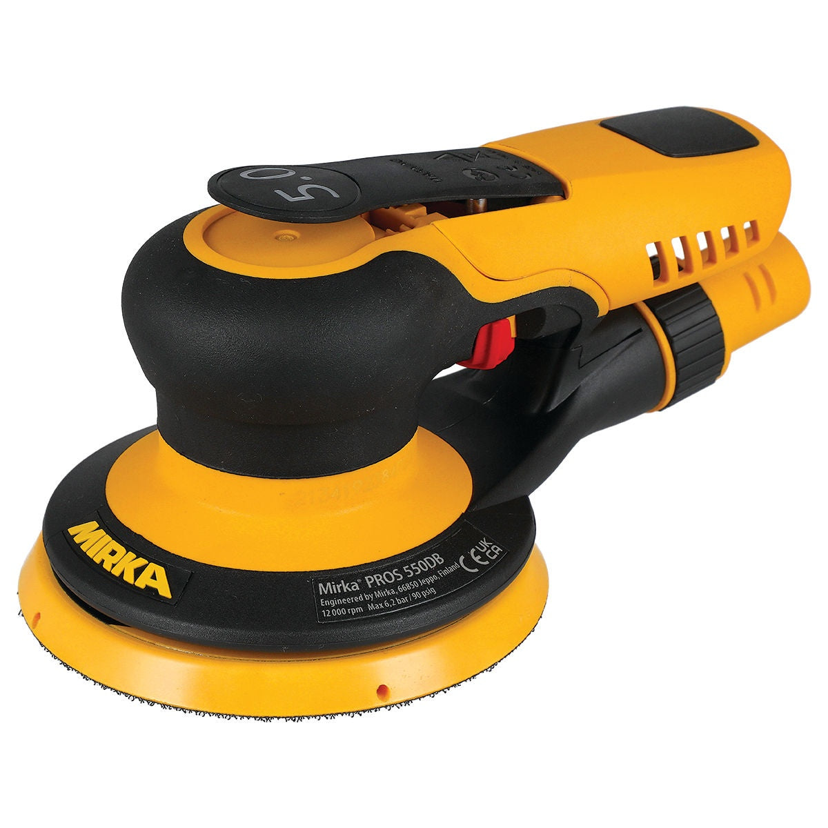Angled view of Mirka PROS 550DB 5-in. self-generating vacuum sander