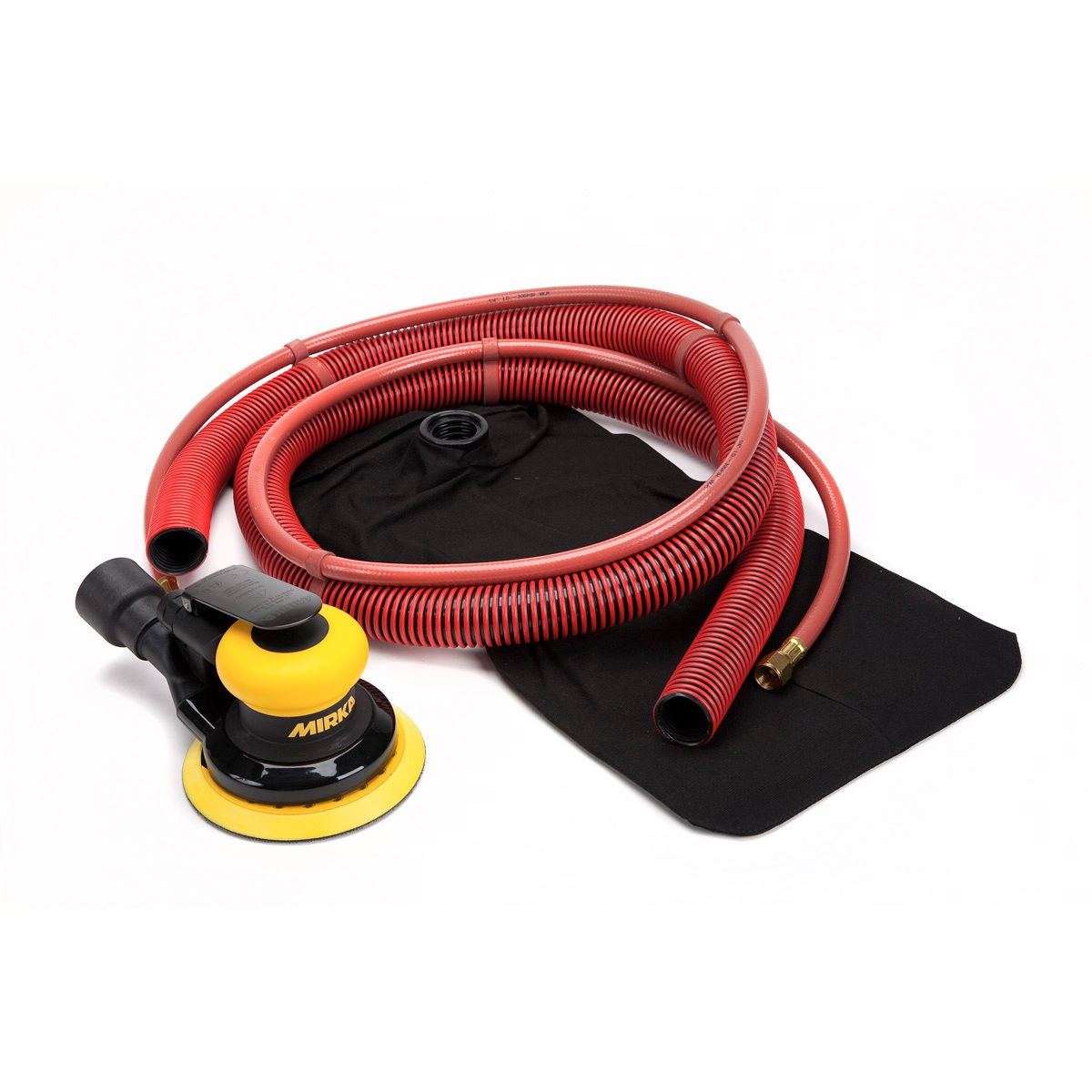 Mirka 5-in. pneumatic orbital SGV sander with attached dust bag and hose