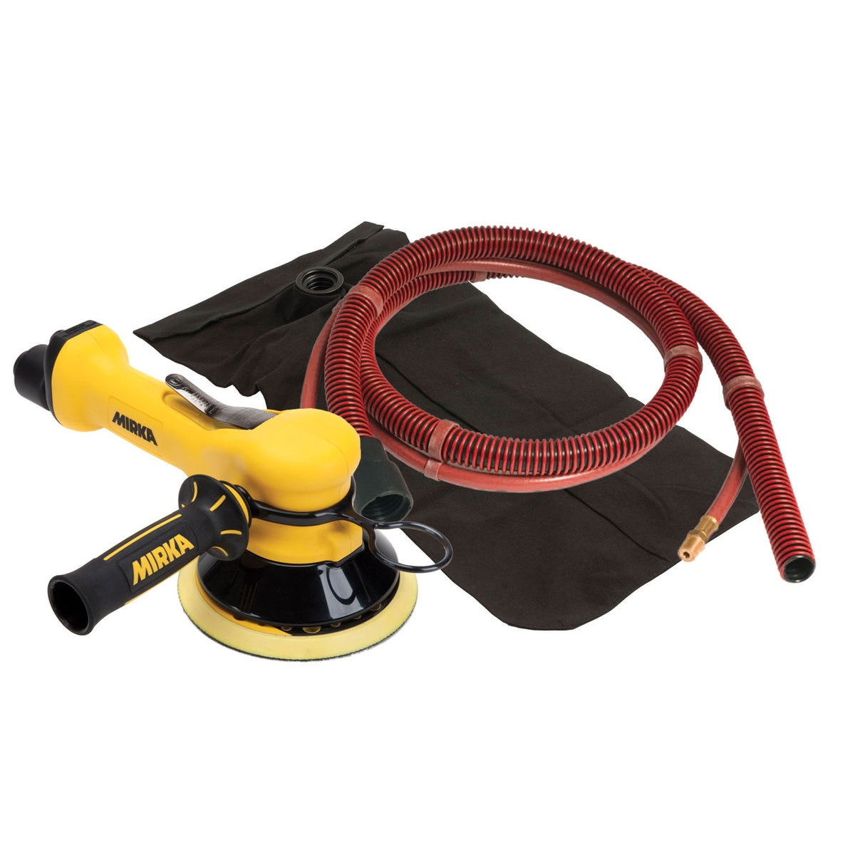 Mirka 6-in. pneumatic random orbital sander with self-generating vacuum hose and dust bag