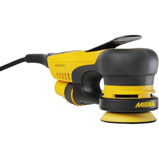 Mirka DEROS 350X CV Electric Random Orbital Sander side profile showing low-profile body and compact 3 inch sanding pad for detail sanding tasks