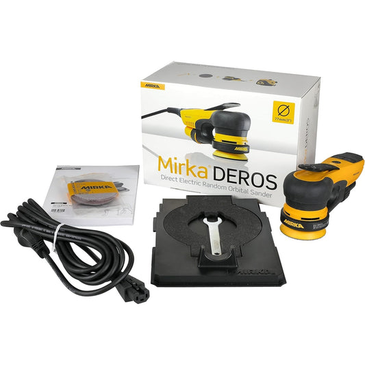 Mirka DEROS random orbital sander kit with cord, wrench, abrasives, and box