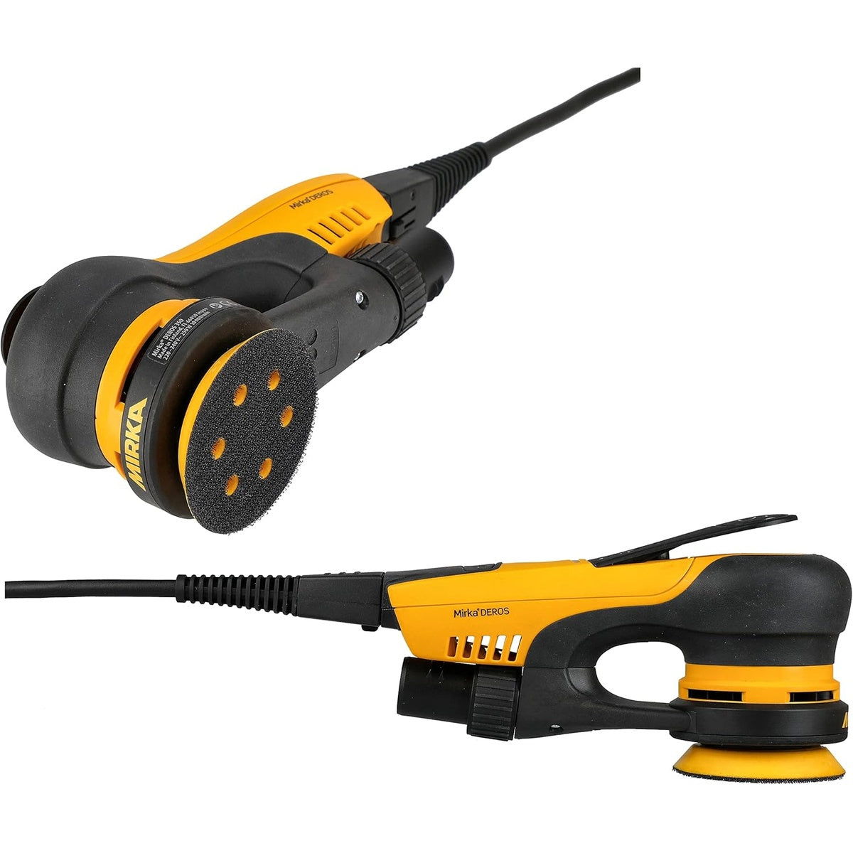 Top and side views of Mirka DEROS 3-in. electric random orbital sander
