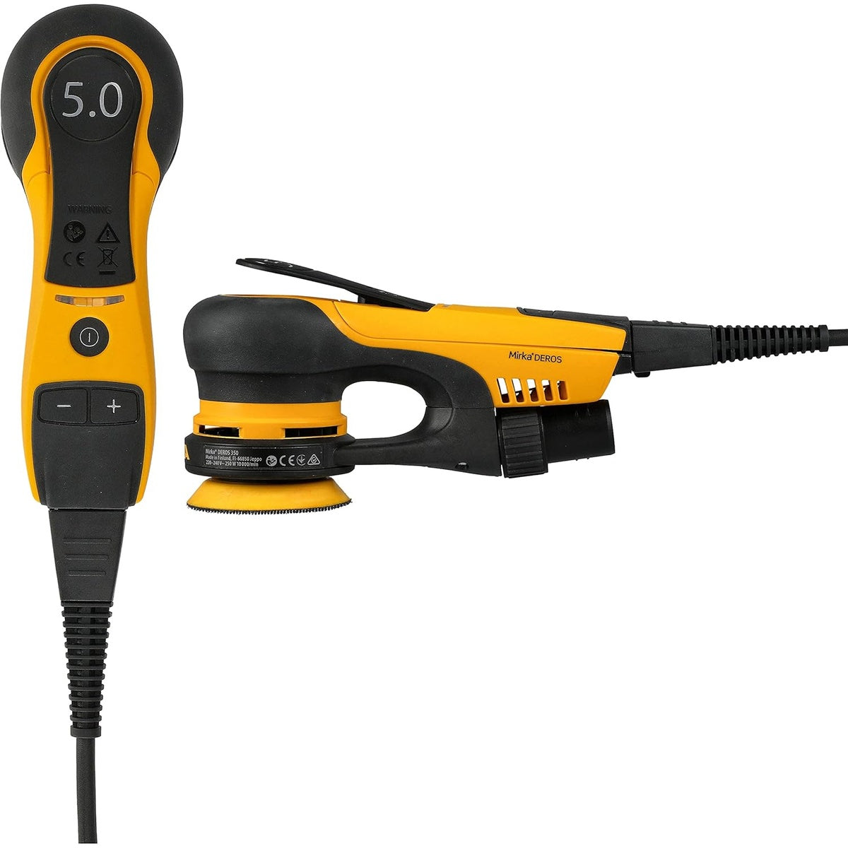 Front and side profile of Mirka DEROS sander showing speed controls