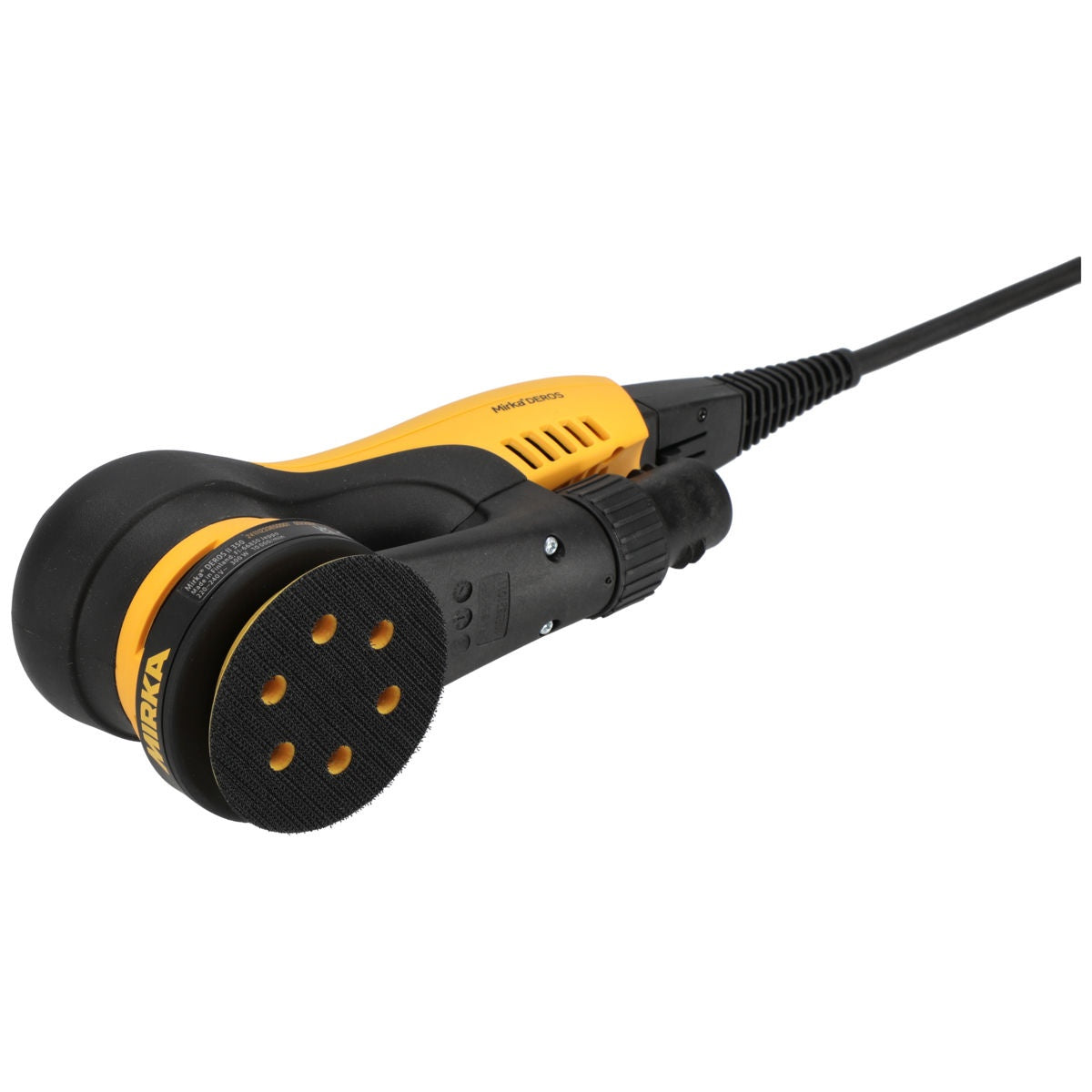 Underside angle view of Mirka DEROS II 350X sander showing 3-in. hook-and-loop pad