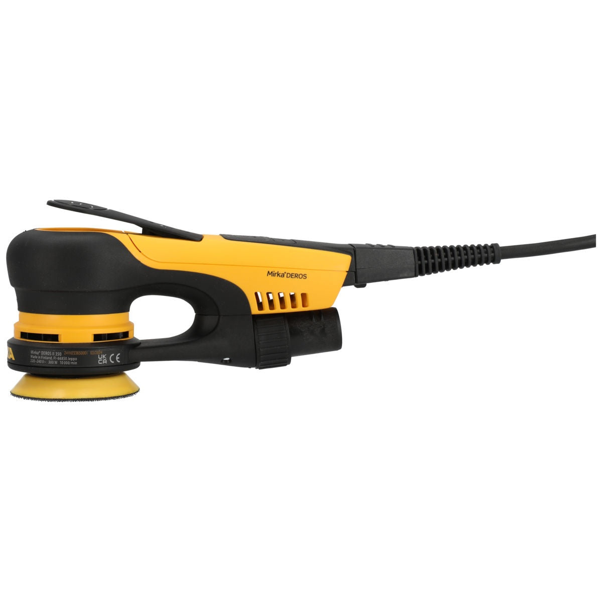 Side profile of Mirka DEROS II 350X corded random orbital sander