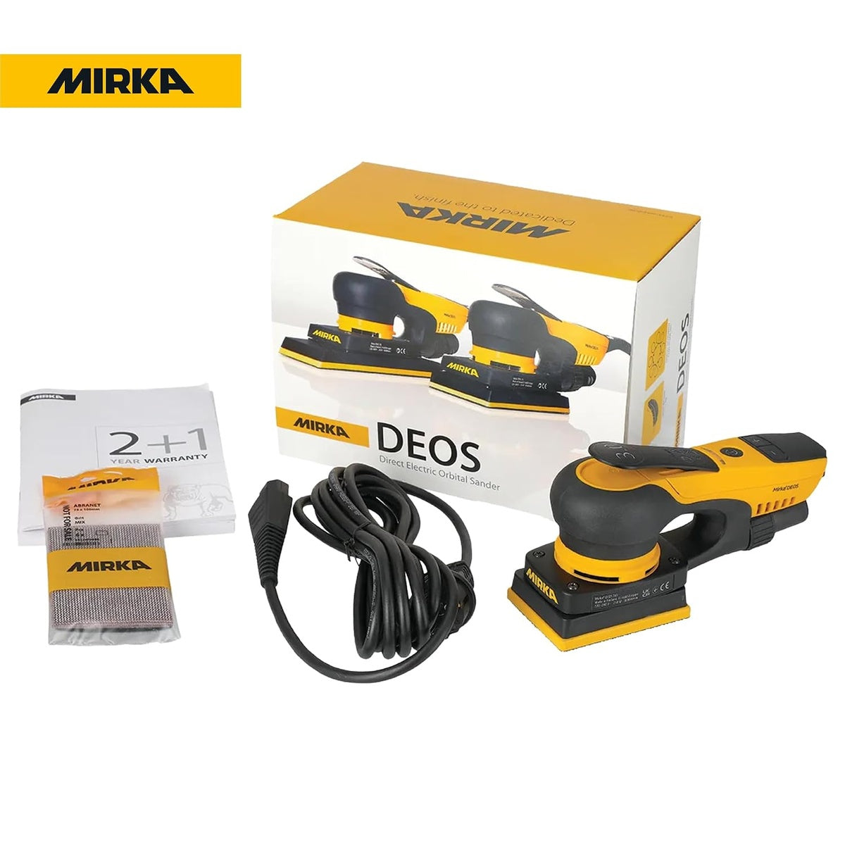 Mirka DEOS 343CV orbital sheet sander kit with power cord, manual, and abrasive sheets