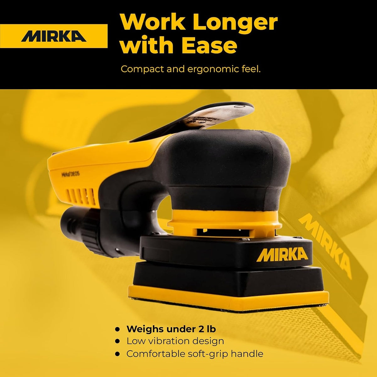 Close side view of Mirka DEOS 343CV compact ergonomic orbital sheet sander