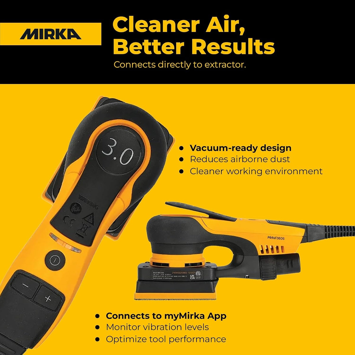 Mirka DEOS 343CV vacuum-ready orbital sheet sander with dust extractor connection and app support