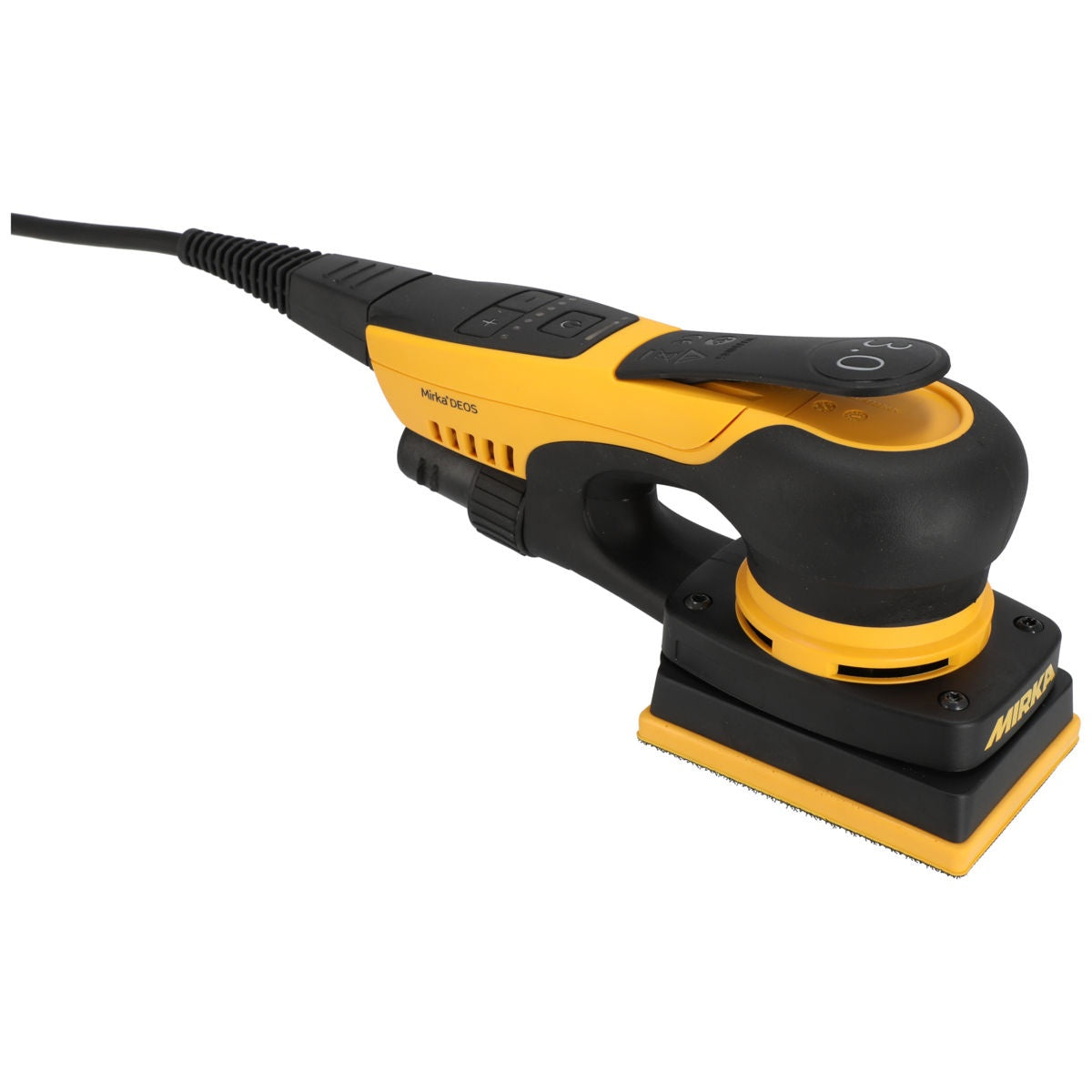 Mirka DEOS II 343X corded 3-in. x 4-in. orbital sheet sander, front angle view