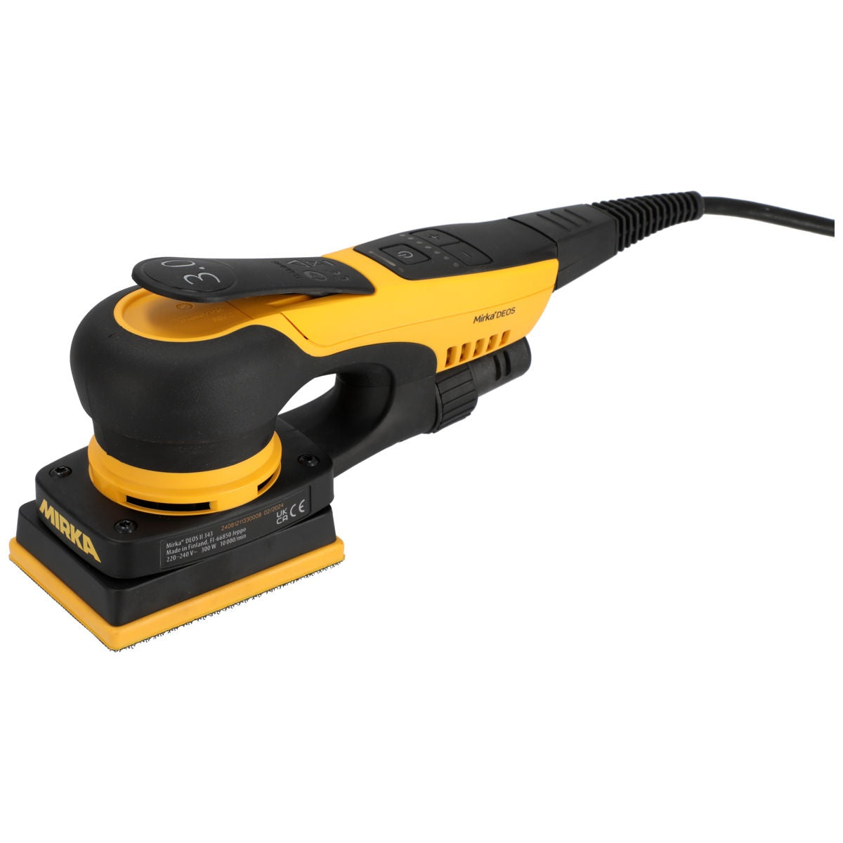 Mirka DEOS II 343X electric orbital sheet sander, rear angle view