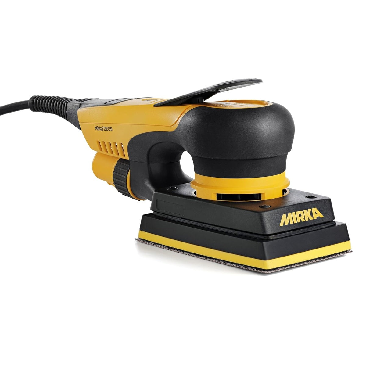 Mirka DEOS 3-in. x 5-in. corded orbital sander, front angle view