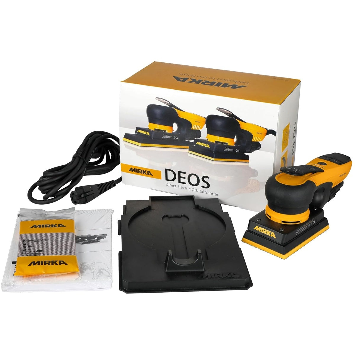 Mirka DEOS orbital sander with cord, backing pad, manual, and retail box