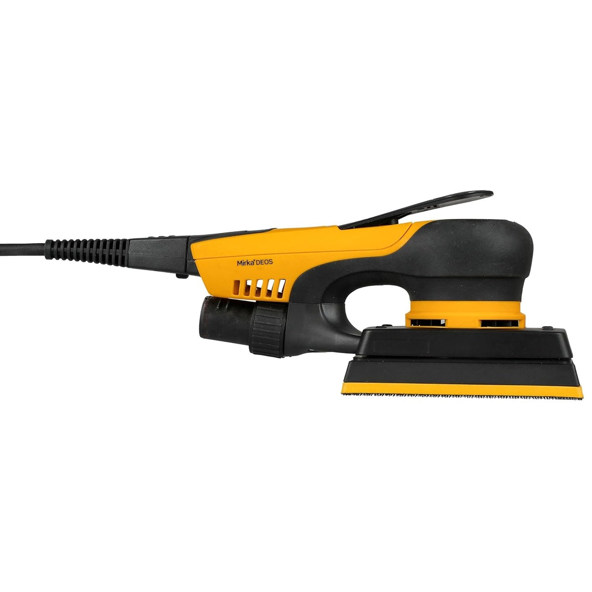 Side view of Mirka DEOS corded 3-in. x 5-in. orbital sander