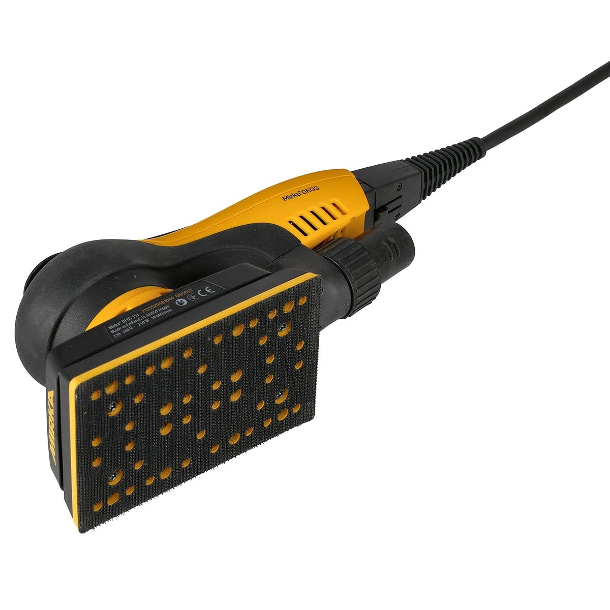 Underside of Mirka DEOS orbital sander showing 3-in. x 5-in. hook-and-loop sanding pad
