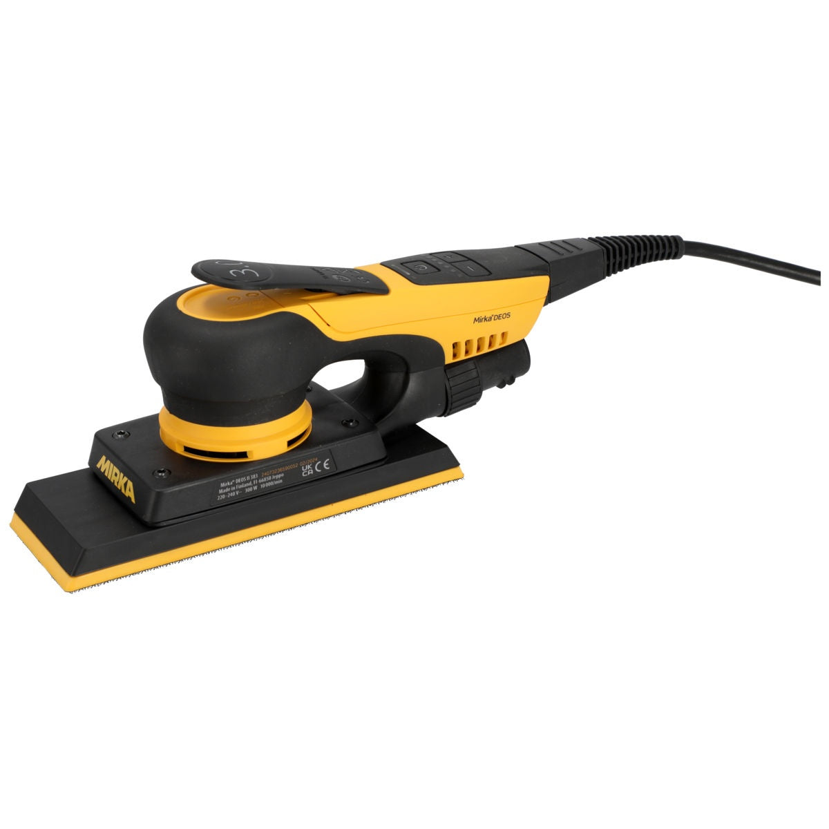 Mirka DEOS II 383X electric orbital sheet sander, rear angle view