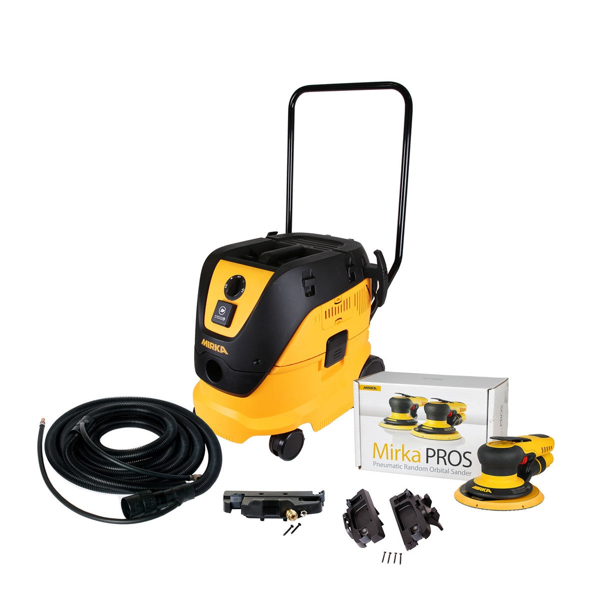 Mirka 6-in. Dust-Free Handle System with pneumatic random orbital sander, hose, and dust extractor