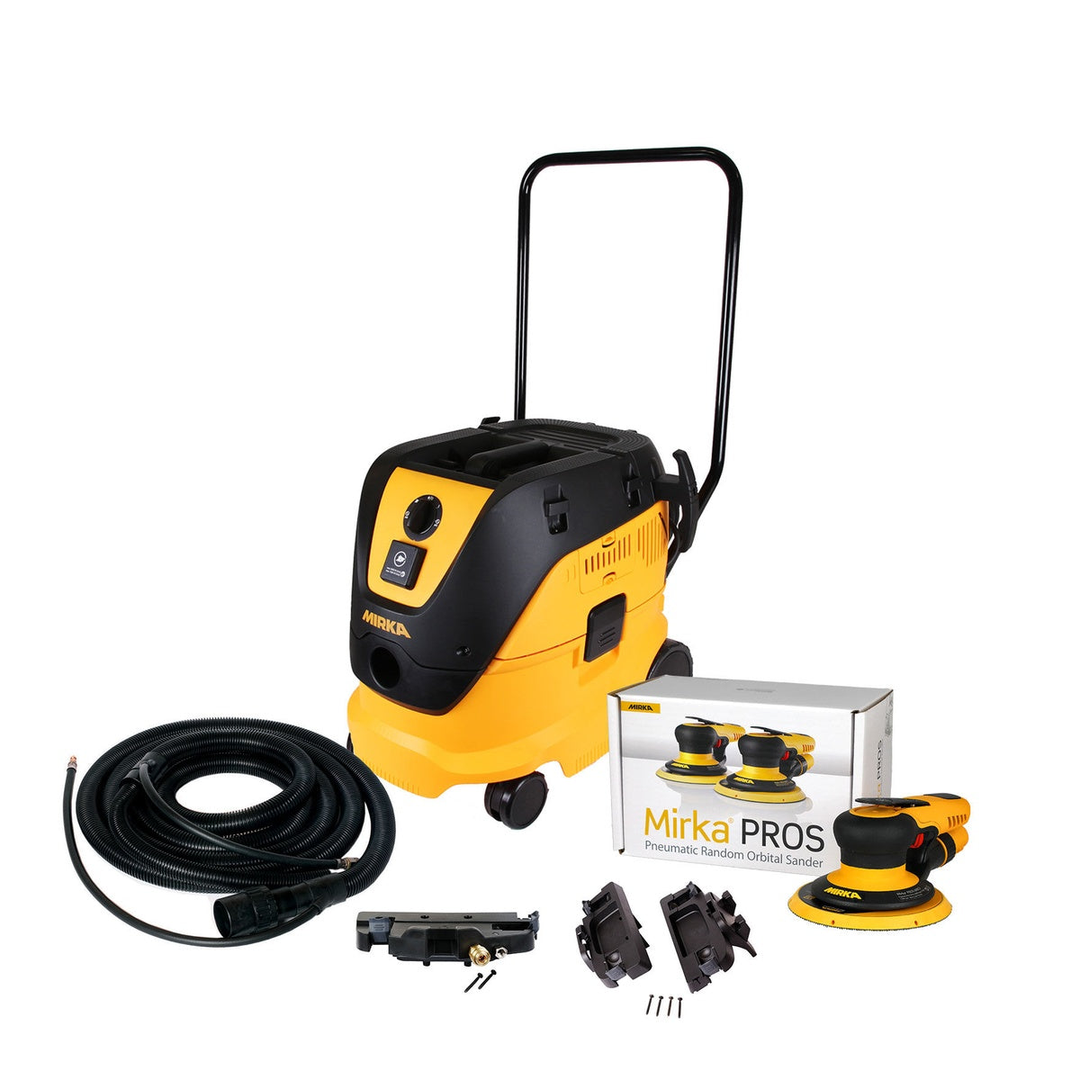 Mirka 6-in. dust-free handle system kit with pneumatic PROS random orbital sander, dust extractor, hose, and accessories