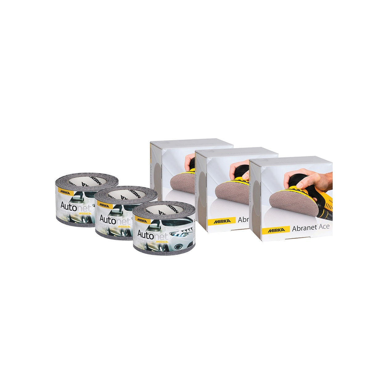 Mirka 6-in. net dust-free trial kit with Abranet Ace sanding discs and Autonet perforated sanding rolls