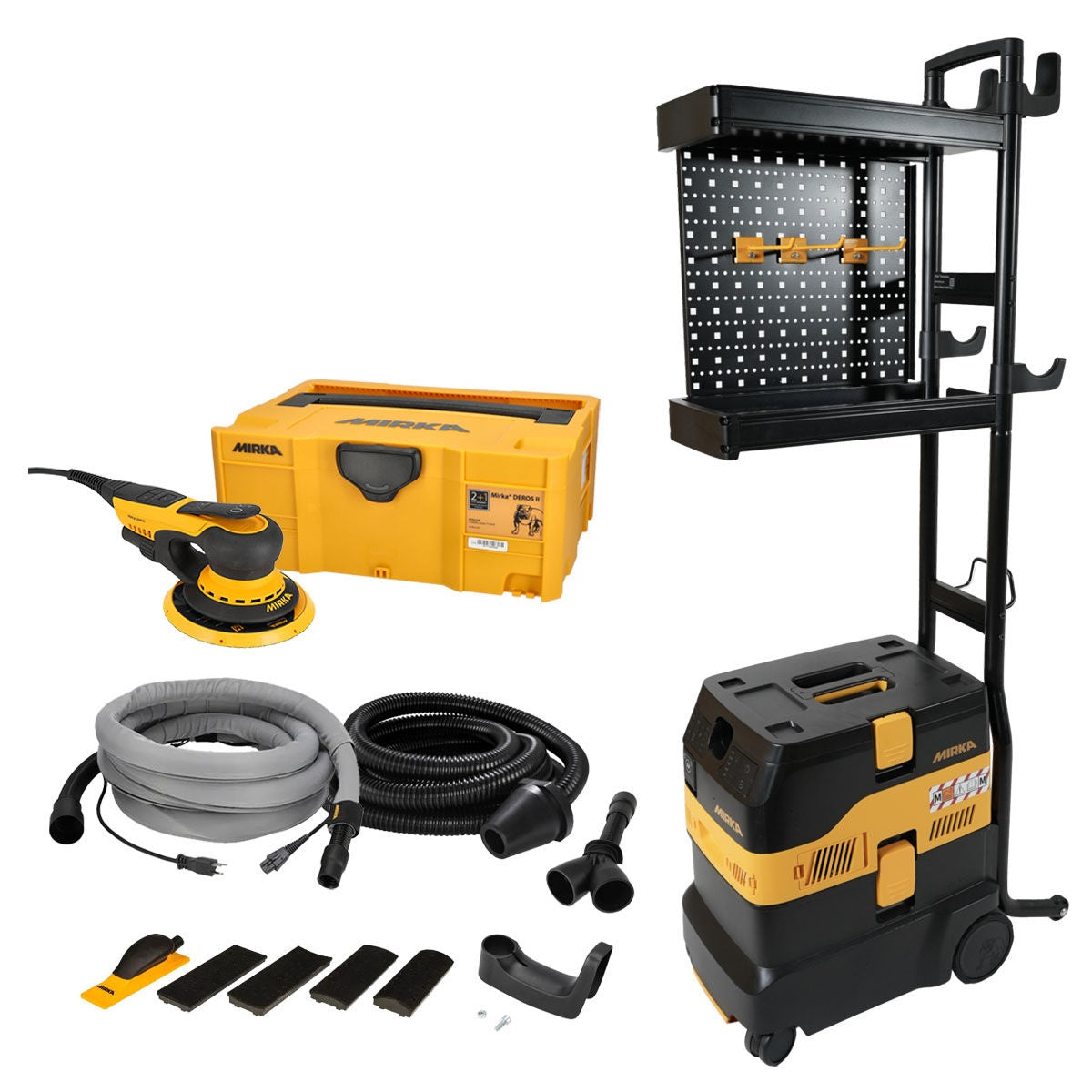 Mirka Gen II 6-in. dust-free work station system with DEROS II electric sander, DEXOS dust extractor, hose, hand sanding kit, and storage cart