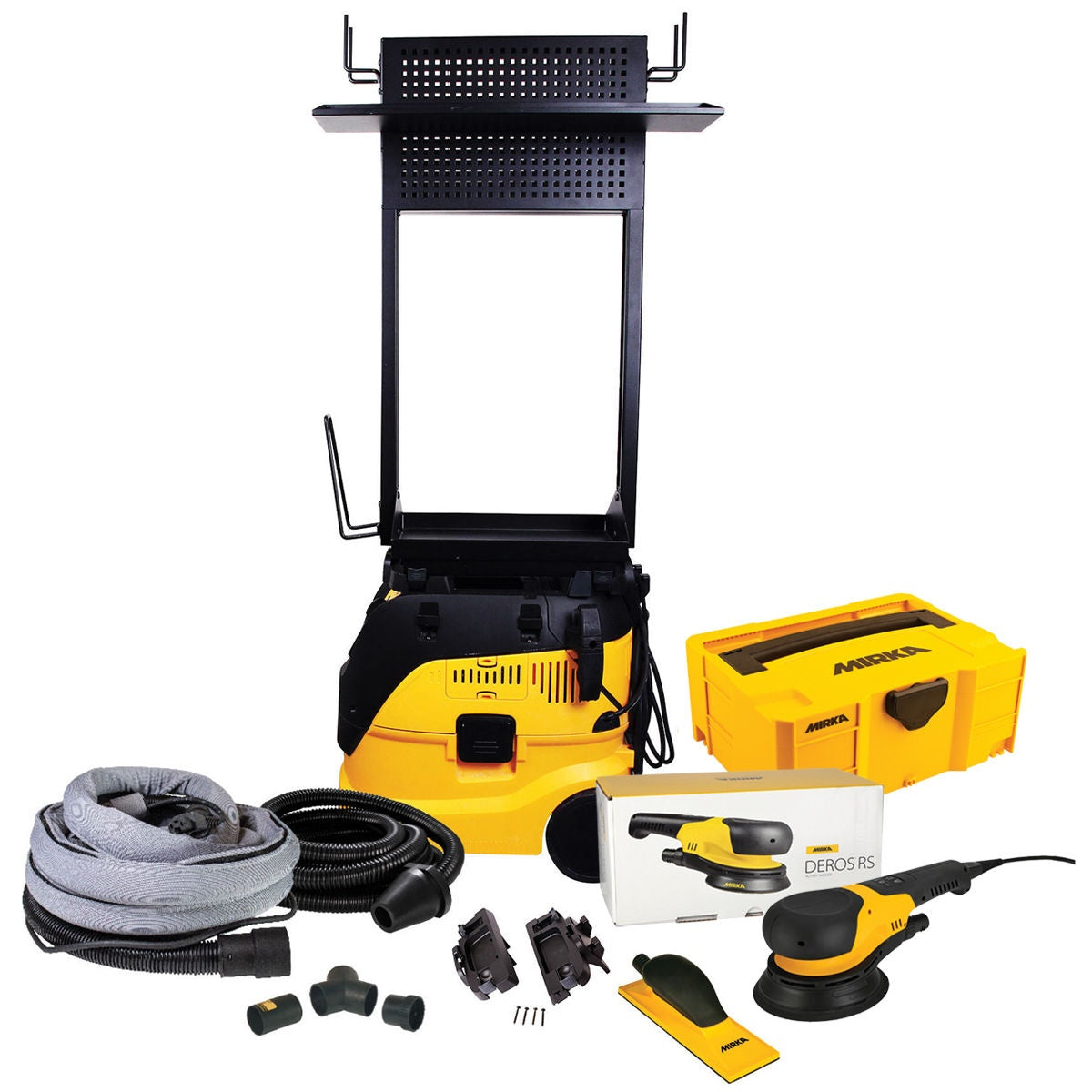 Mirka RS dust-free work station system with electric sander, dust extractor, hose, accessories, and storage case