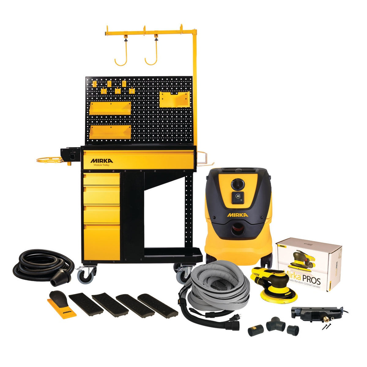 Mirka 6-in. Dust-Free Trolley Pro System with modular trolley, dust extractor, pneumatic sander, hoses, and accessories